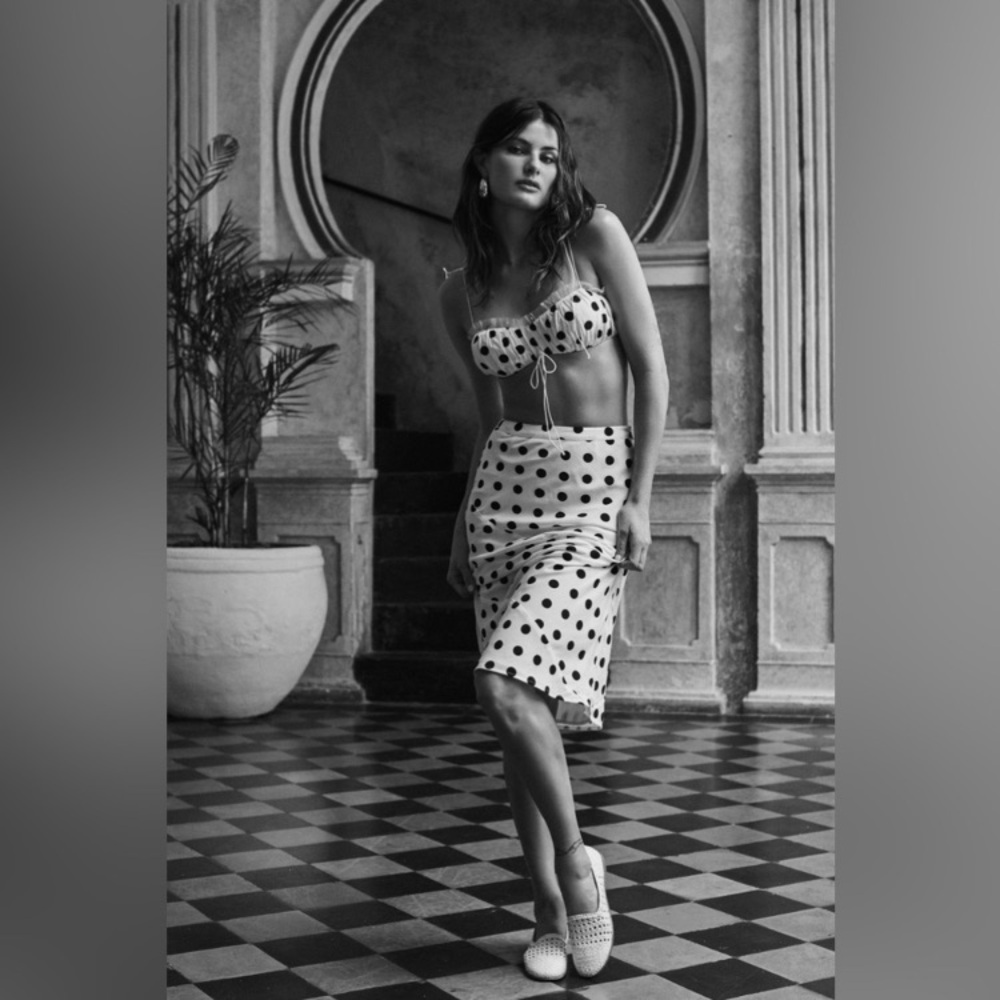 For Love And Lemons White Polka Dot Midi Skirt with Black Spots